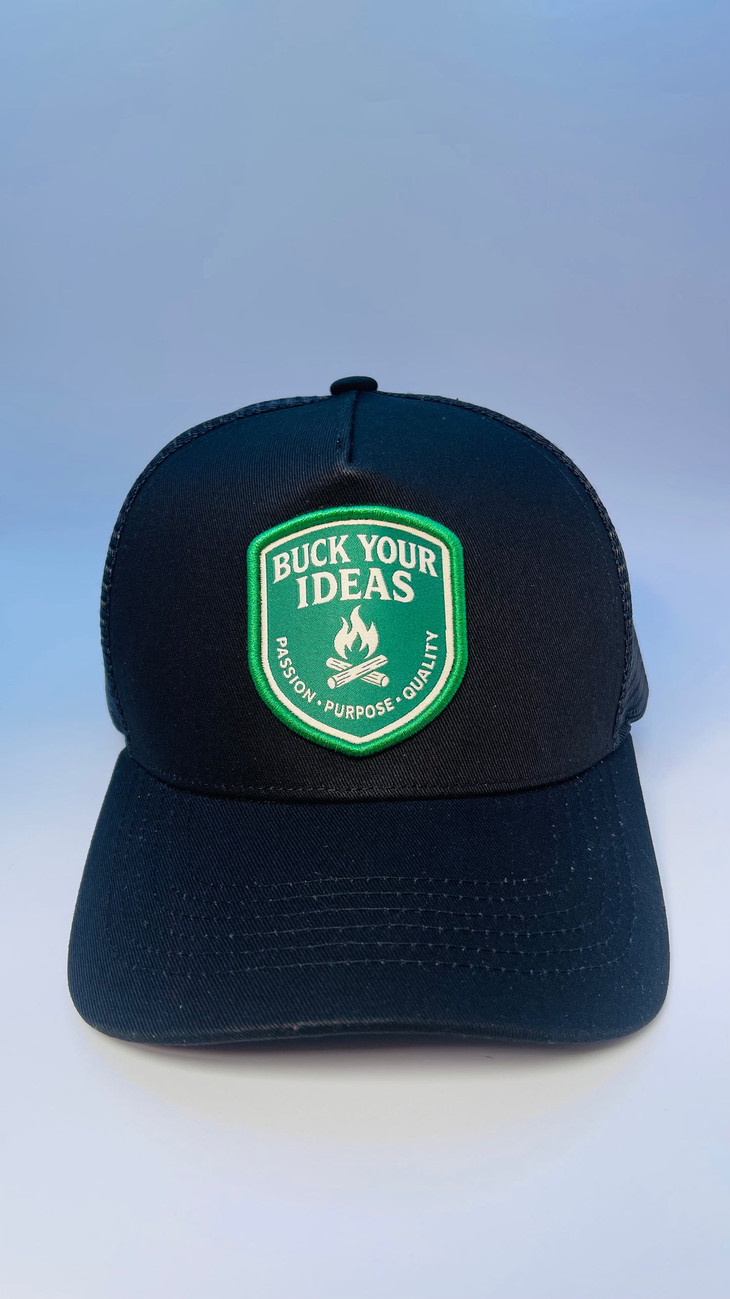Buck Your Ideas Black / Green Campfire Patch Trucker Cap